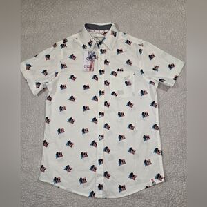 Free Planet White and Blue Casual Button Down Shirt 100% Cotton Size S